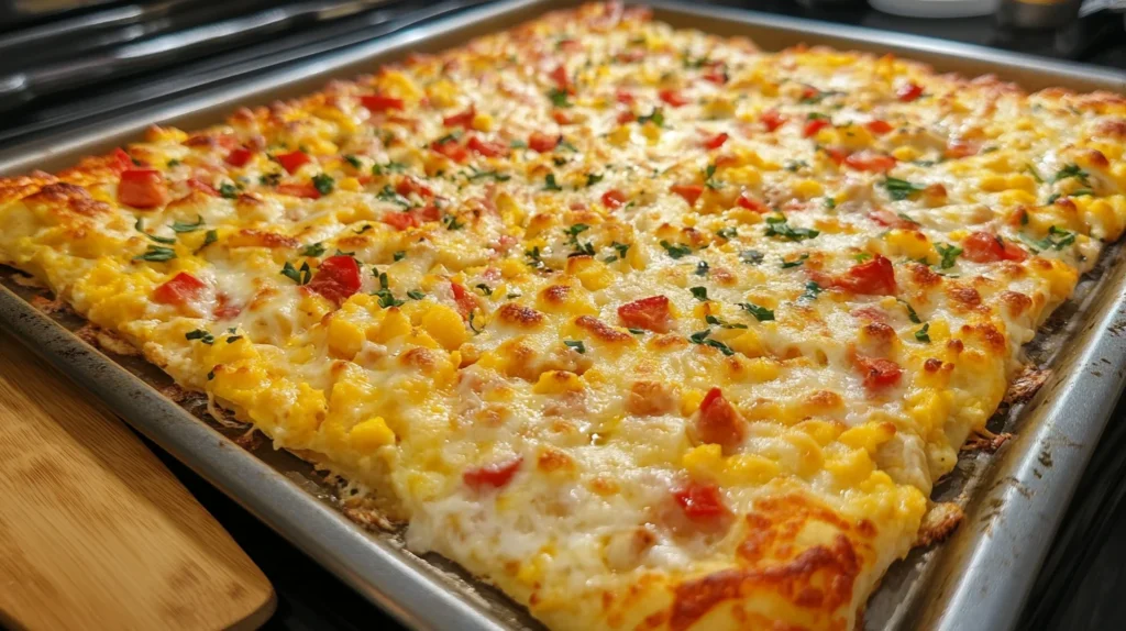 Freshly baked Easy breakfast pizza recipe with golden cheese and crisp edges