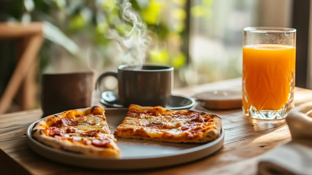 Slices of breakfast pizza on plates with coffee and orange juice