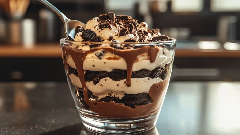 Layering Oreo crumbs and pudding in a trifle bowl