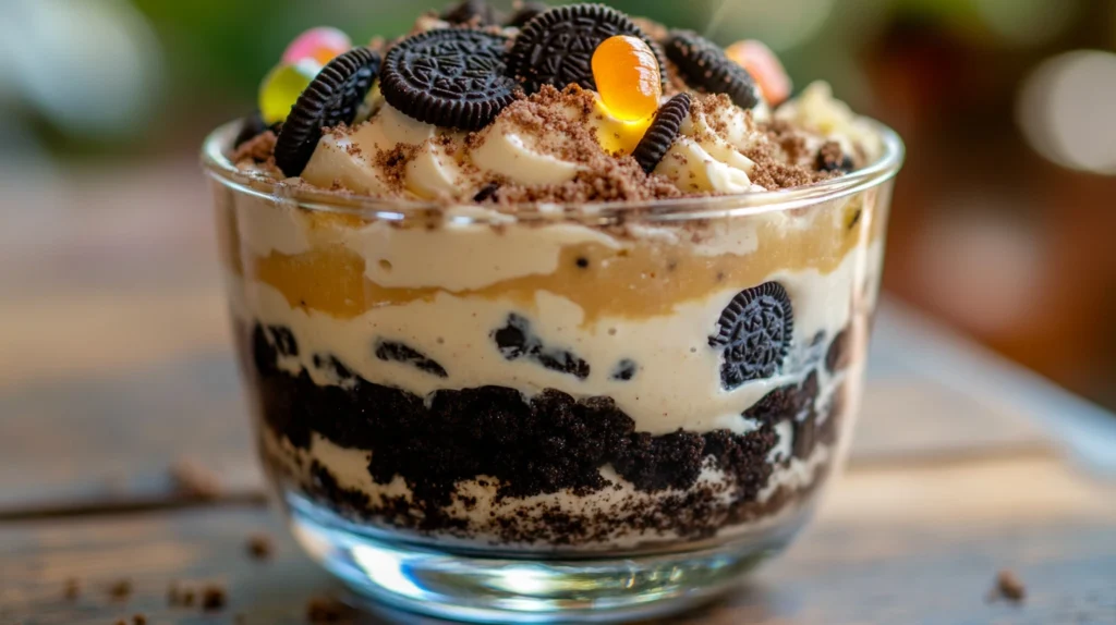 A delicious homemade Dirt Cake recipe with Oreo crumbs and gummy worms