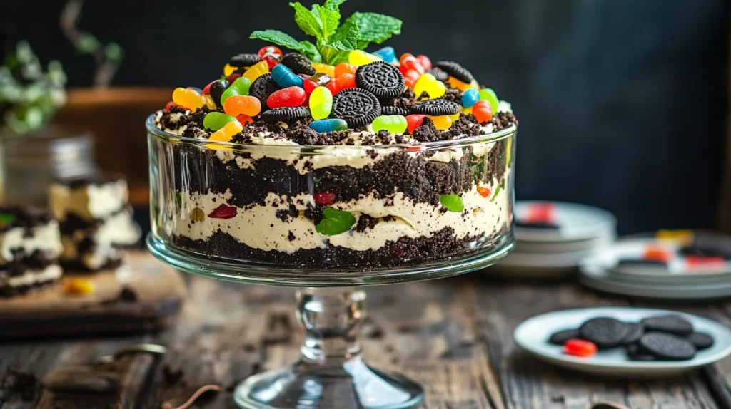 A fully decorated Dirt Cake recipe with gummy worms and edible flowers
