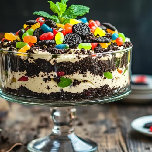 A fully decorated Dirt Cake with gummy worms and edible flowers