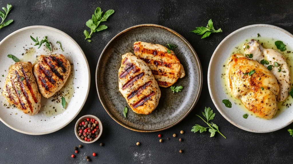 Various cooking methods of chicken breast, including grilled, baked, and pan-seared