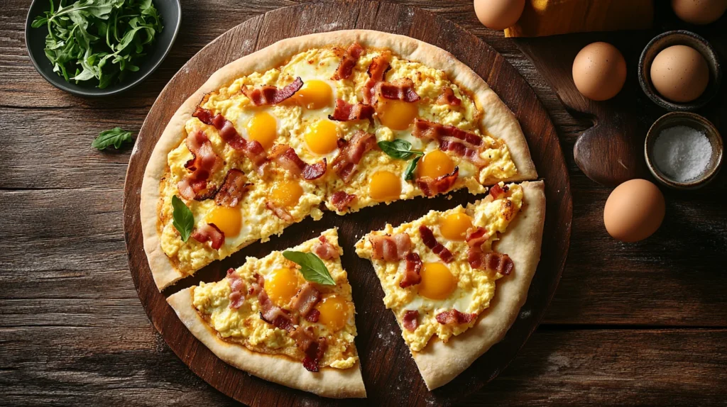 Easy breakfast pizza recipe with eggs, cheese, and bacon on a rustic wooden board