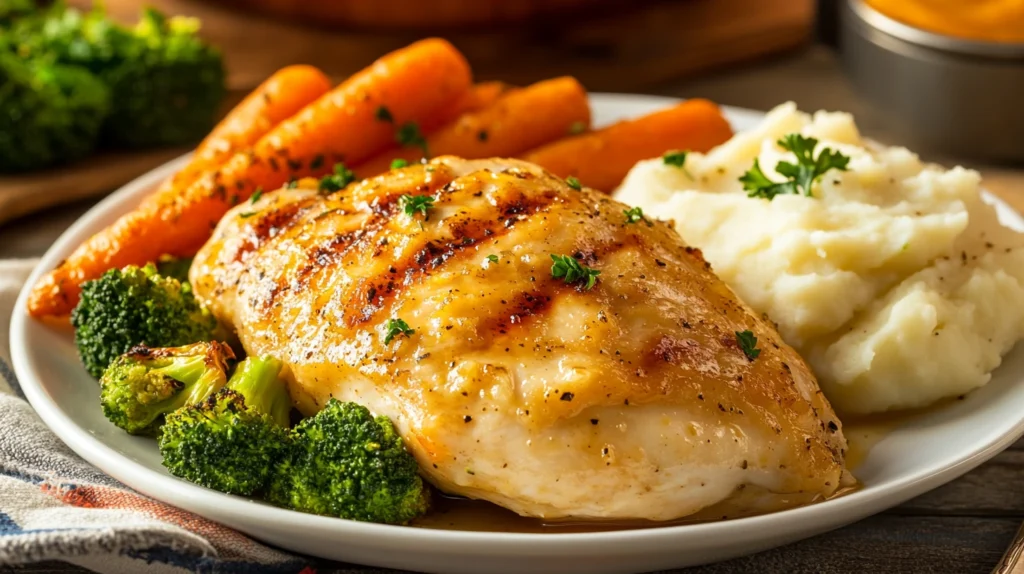 A plated dish of garlic butter chicken breast with vegetables.