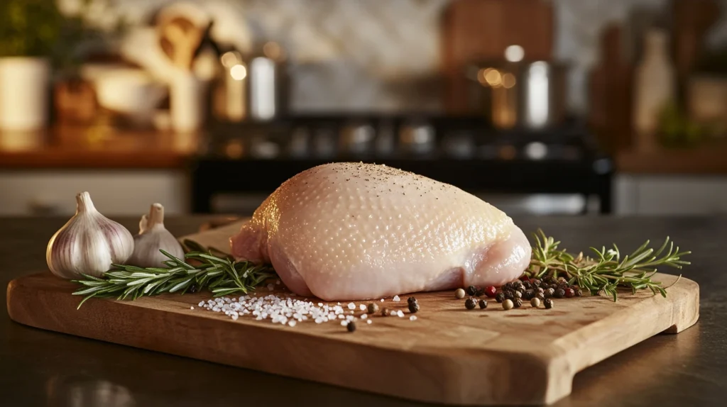 Fresh raw chicken breast on a wooden cutting board with herbs and spices.