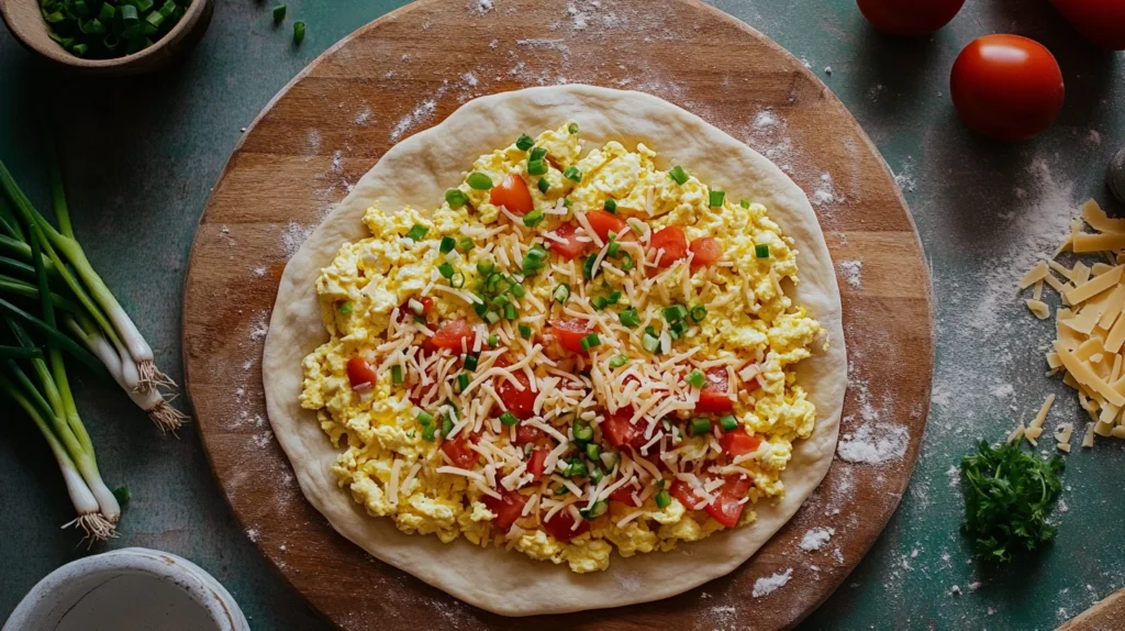 Easy Breakfast Pizza Recipe being topped with eggs, veggies, and cheese before baking