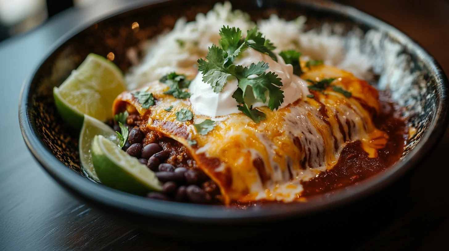Authentic beef enchiladas served on a plate with garnishes