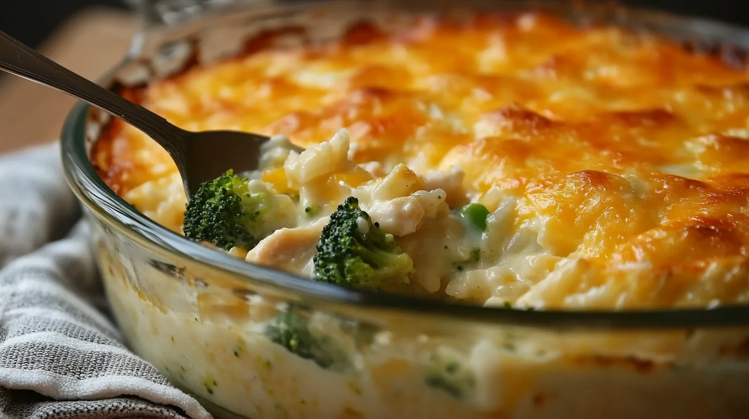 Cheesy Chicken Broccoli Rice Casserole in a baking dish