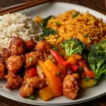 Full meal with orange chicken and Asian-style sides
