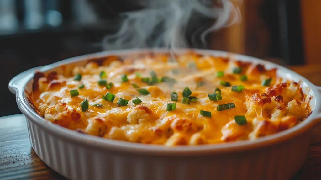 Hot creamy buffalo chicken cauliflower casserole recipe in a white dish with melted cheese and green onions