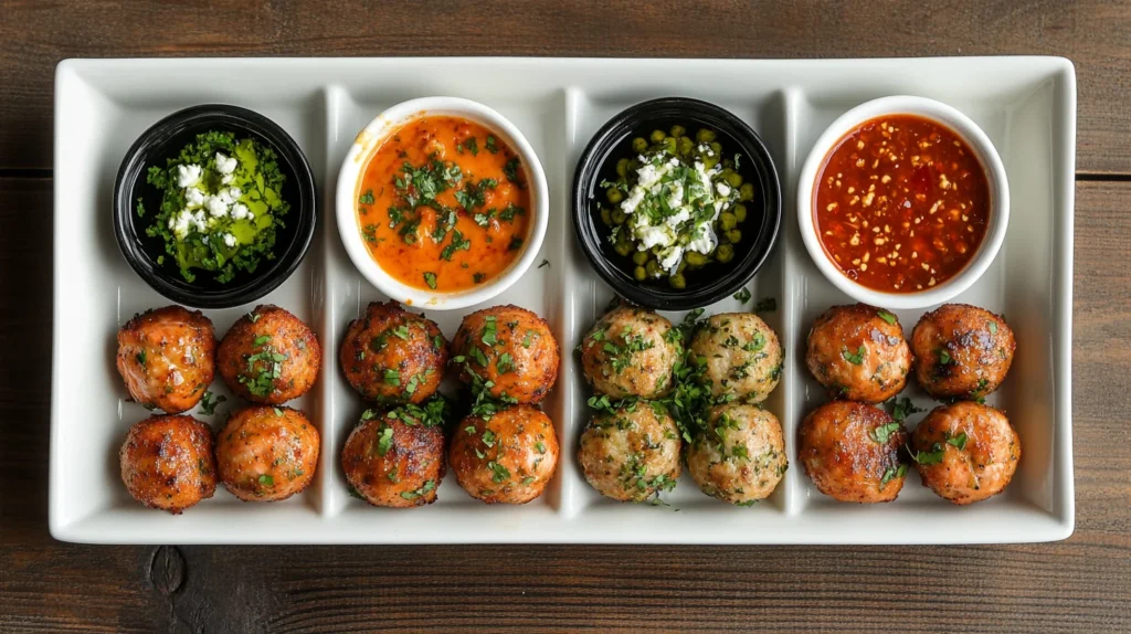 Three flavor varieties of salmon meatballs on a platter for Baked Salmon Meatballs.