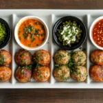 Three flavor varieties of salmon meatballs on a platter for Baked Salmon Meatballs.