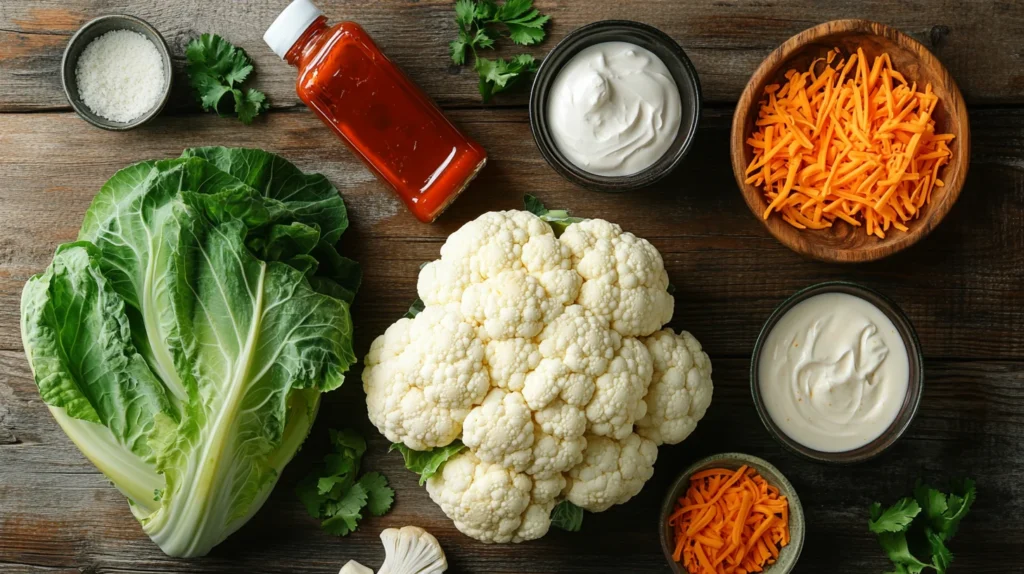 Cauliflower, shredded chicken, cream cheese, hot sauce, cheddar cheese, and ranch on wooden counter for Creamy Buffalo Chicken Cauliflower Casserole recipe.