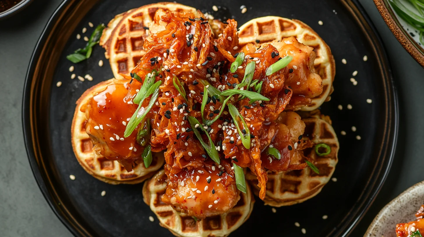 Korean-style Chicken & Waffle Sliders Recipe with kimchi garnish