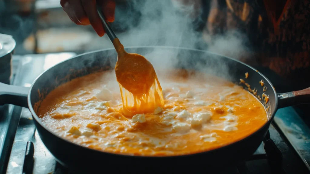 Stirring creamy buffalo sauce with melted cheese in a saucepan for Creamy Buffalo Chicken Cauliflower Casserole recipe.