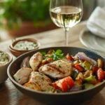 Mediterranean chicken skillet plated with salad, bread, and wine
