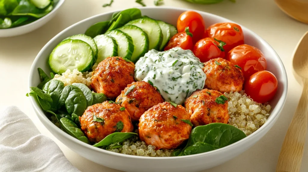 Baked Salmon meatballs served in a quinoa bowl with veggies