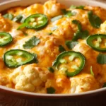 Creamy Buffalo chicken cauliflower casserole recipe with jalapeños and extra cheese