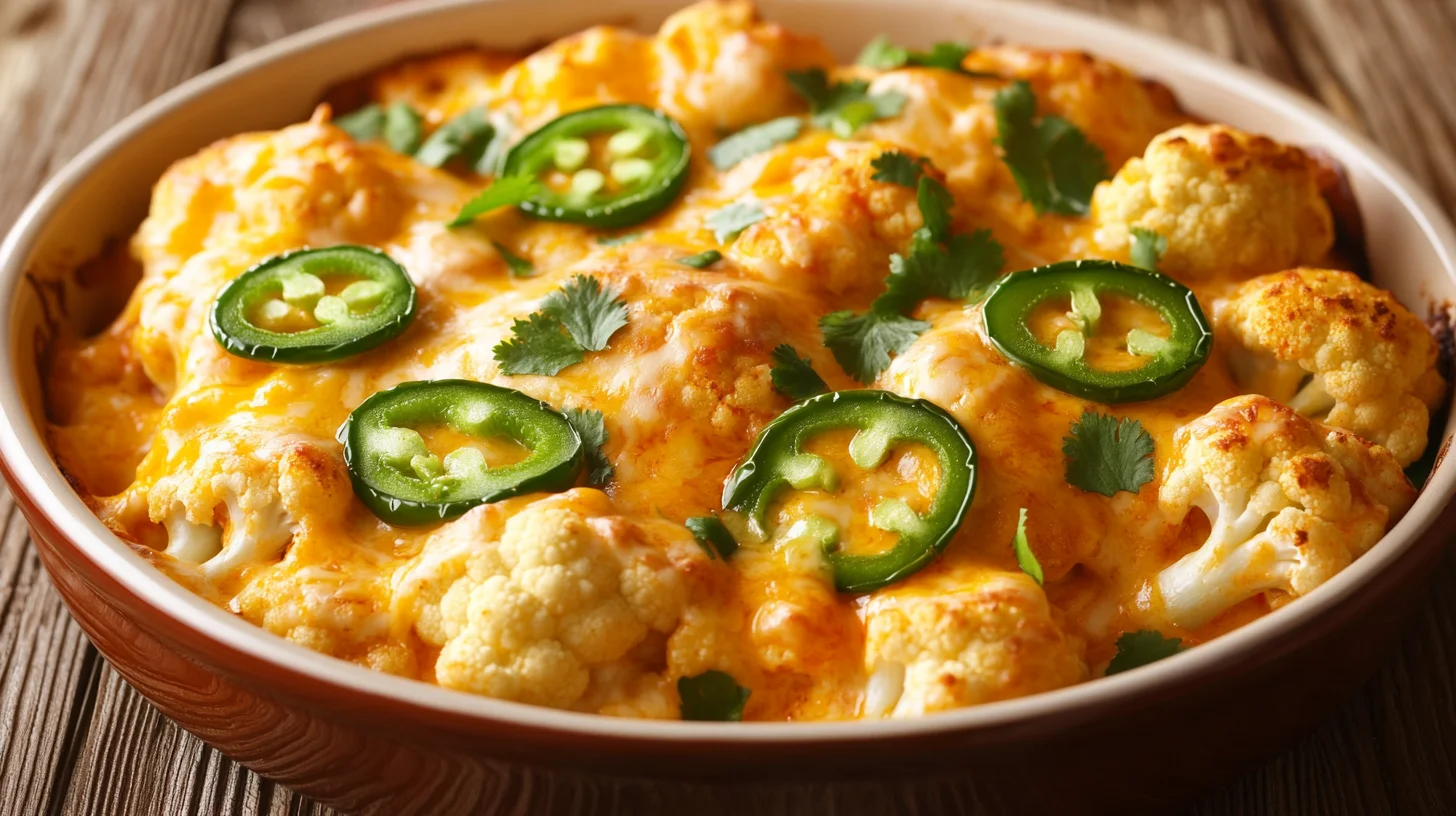 Creamy Buffalo chicken cauliflower casserole recipe with jalapeños and extra cheese