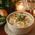 Served bowl of white chicken lasagna soup with garlic bread and salad