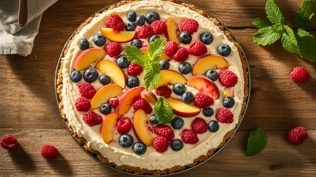 A beautifully styled berry and peach cheesecake on a wooden table