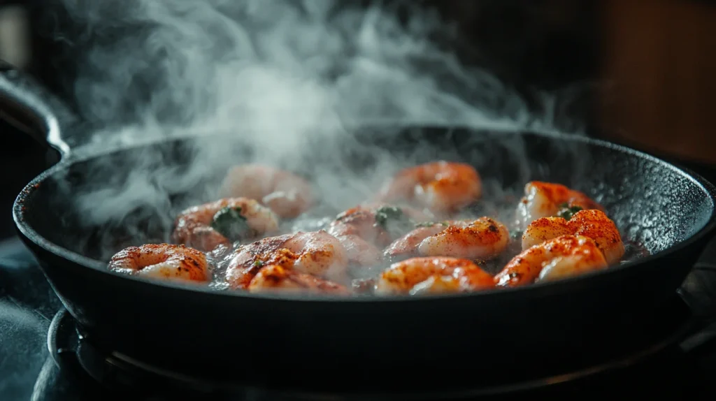 Cajun shrimp deviled eggs cooking in skillet