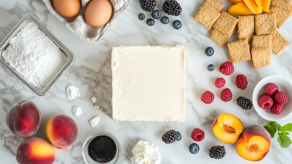 Fresh berry and peach cheesecake ingredients laid out on a marble counter
