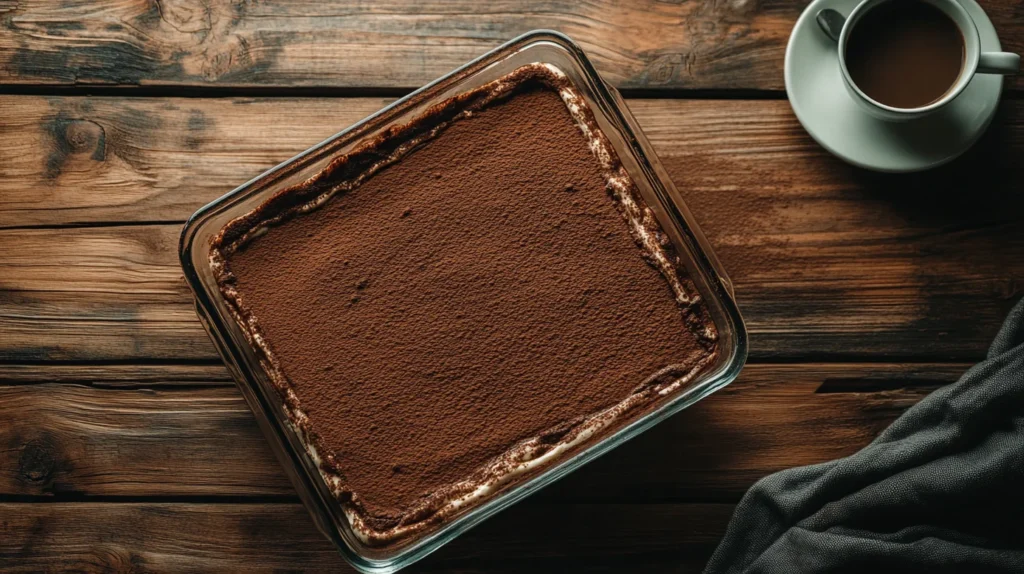 Decadent chocolate ricotta tiramisu with cocoa dusting