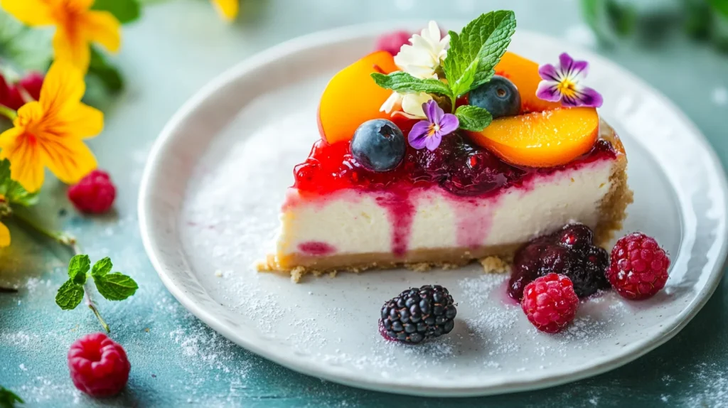 Slice of cheesecake with berry sauce and mint on a white plate