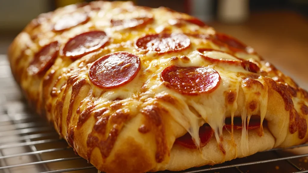Baked Cheesy Pepperoni stromboli with egg-washed crust and venting slits