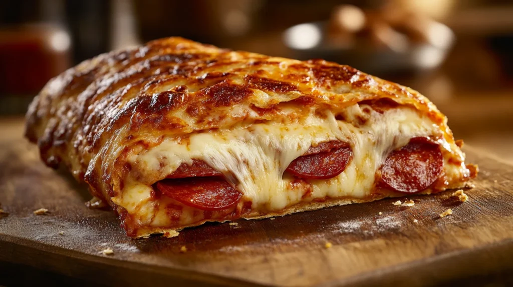 Cheesy Pepperoni Stromboli sliced on a rustic board