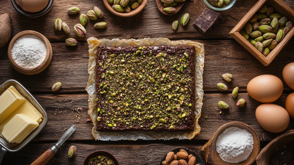 Ingredients for making pistachio kunafa brownies including pistachios, kataifi dough, butter, and chocolate