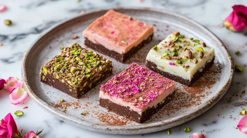 A variety of pistachio kunafa brownies with different toppings and styles