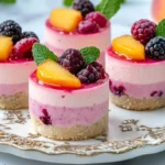 Mini berry and peach cheesecaketopped with peach slices and berries on a tray