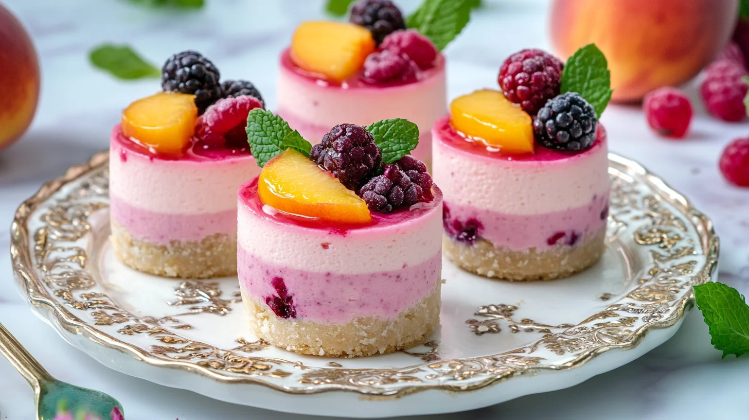 Mini berry and peach cheesecaketopped with peach slices and berries on a tray