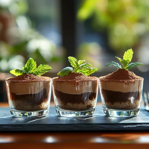 Mini Decadent chocolate ricotta tiramisu servings in glass jars