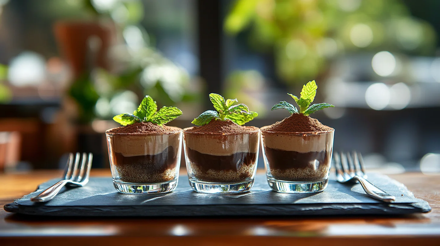 Mini Decadent chocolate ricotta tiramisu servings in glass jars