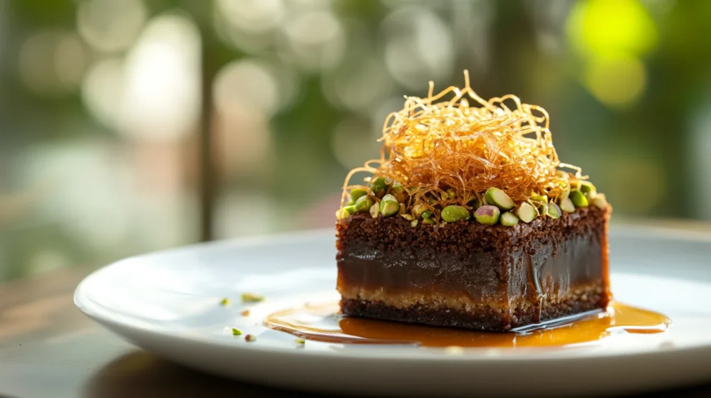 A pistachio kunafa brownies on a plate with syrup drizzle and pistachio topping