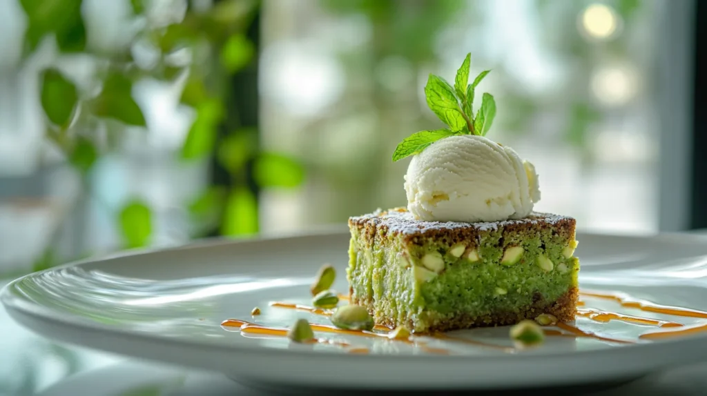 Warm pistachio kunafa brownies served with ice cream and mint