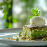 Warm pistachio kunafa brownies served with ice cream and mint