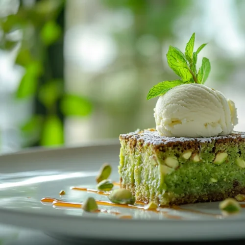 Warm pistachio kunafa brownies served with ice cream and mint