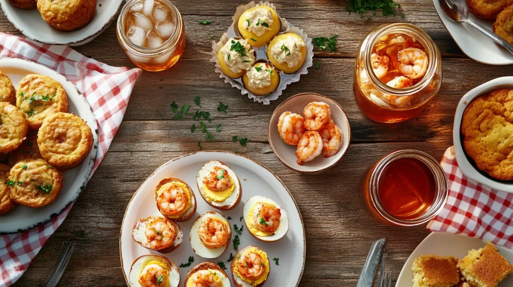 Southern food platter with Cajun Shrimp Deviled Eggs and sides