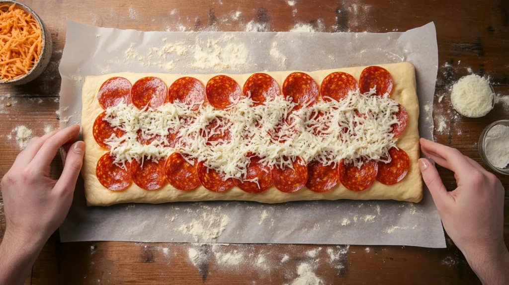 Cheesy Pepperoni Stromboli dough topped with cheese and pepperoni before rolling
