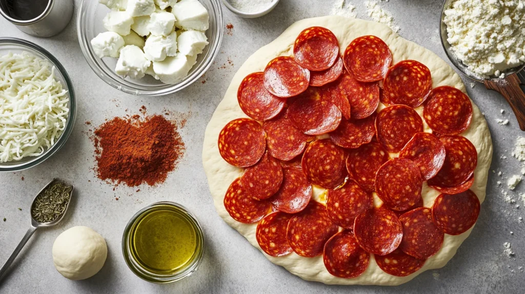 Ingredients for Cheesy Pepperoni stromboli arranged on a countertop