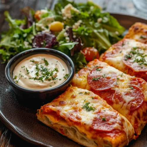 Sliced stromboli with dipping sauce and salad