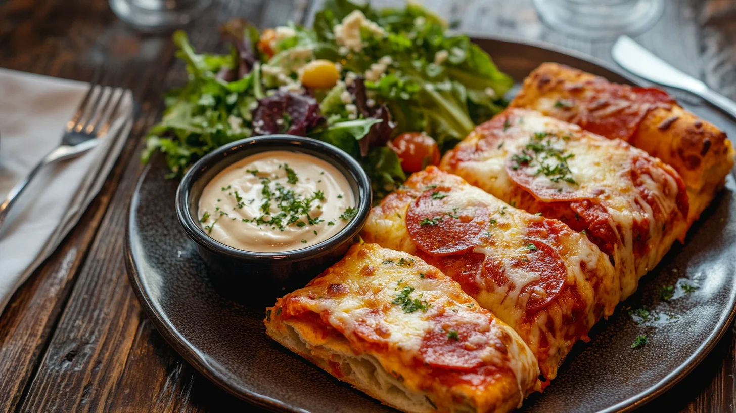 Sliced stromboli with dipping sauce and salad