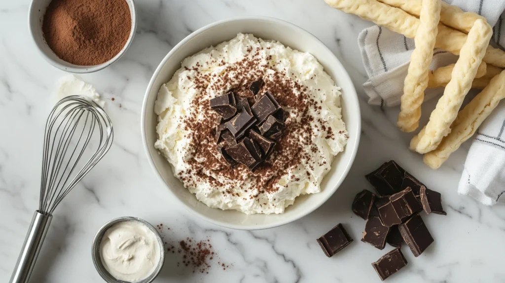 Ingredients for Decadent chocolate ricotta tiramisu recipe laid out on a counter