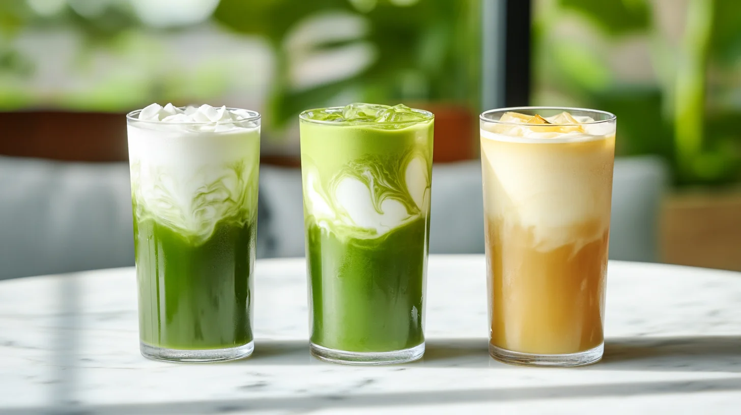 Three iced matcha latte recipe in different flavors and colors