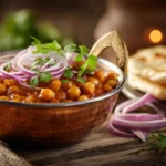 Chana masala served in a copper bowl with naan bread
